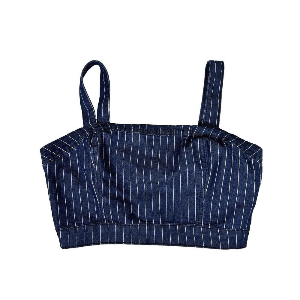 Forever 21 NWT Dark Blue Denim Pinstripe Crop Top Exposed Zipper Womens Small